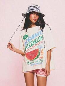 Suave Camiseta Gráfica Oversize de Algodón de Manga Corta para Mujer con Estampado de Sandía Orgánica del Mercado de Agricultores, Diseño de Fruta de Verano, 100% Algodón, blusas casuales, playeras de mujer algodón - Albaricoque - Ver 5