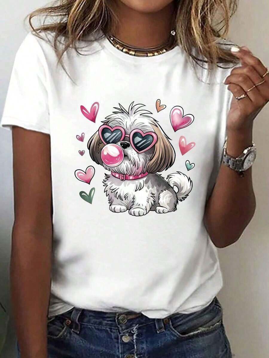 Women's Mexican T-Shirt With Fashionable Shih Tzu Heart-Shaped Glasses Print - Short Sleeve, Round Neck, Casual Style, Soft And Stretchy Fabric, Machine Washable, Comfortable For All Seasons, Regular Fit, Fun Print T-Shirt, Durable Style, Summer Fashion Cotton T-Shirt - 白色 - 查看 1