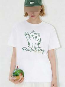 Women's T-Shirt With A Cute Kitten Print, Super Cool And Comfy! A Printed T-Shirt For Casual Looks, Perfect For Cat Lovers In Mexico. Your New Favorite! - 白色的 - 查看 1