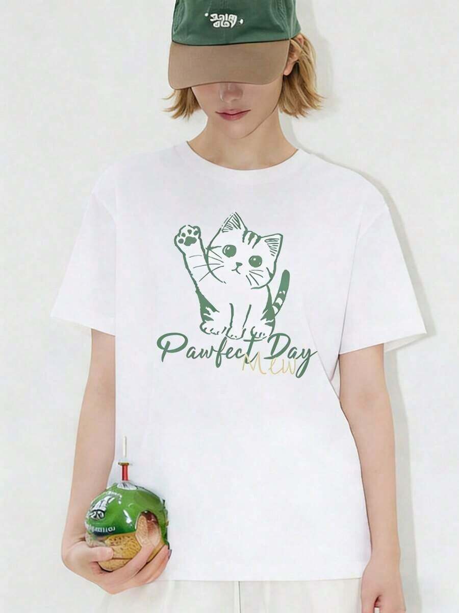 Women's T-Shirt With A Cute Kitten Print, Super Cool And Comfy! A Printed T-Shirt For Casual Looks, Perfect For Cat Lovers In Mexico. Your New Favorite! - 白色的 - 查看 1