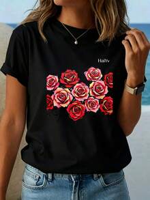 Limited Time Offer, Limited Quantity Available, Flash , Women's Shirts, Women's T-Shirts. Women's Comfortable Loose Fit White T-Shirt, Short Sleeve Crew Neck, Red Rose Graffiti Print, Casual T-Shirt For Everyday Wear And Going Out - 黑色 - 查看 4