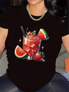 Camiseta de Mujer con Estampado de Cócteles - Diseño de Bebidas de Verano con Sandía y Fresa, con Rodaja de Cereza y Limón - Top de Poliéster Transpirable para Eventos de Barman, Fiestas en la Playa, Conjuntos Casuales - Blusa Ligera y Duradera con Cuello Redondo - Lavable a Máquina para Uso en Todas las Estaciones - Estampado Vibrante de Cócteles de Frutas para Uso en Restaurantes y Hogar - Ropa de Moda para Mujer Cómoda y Eleganteblusas para mujer>ropa - Negro - Ver 7