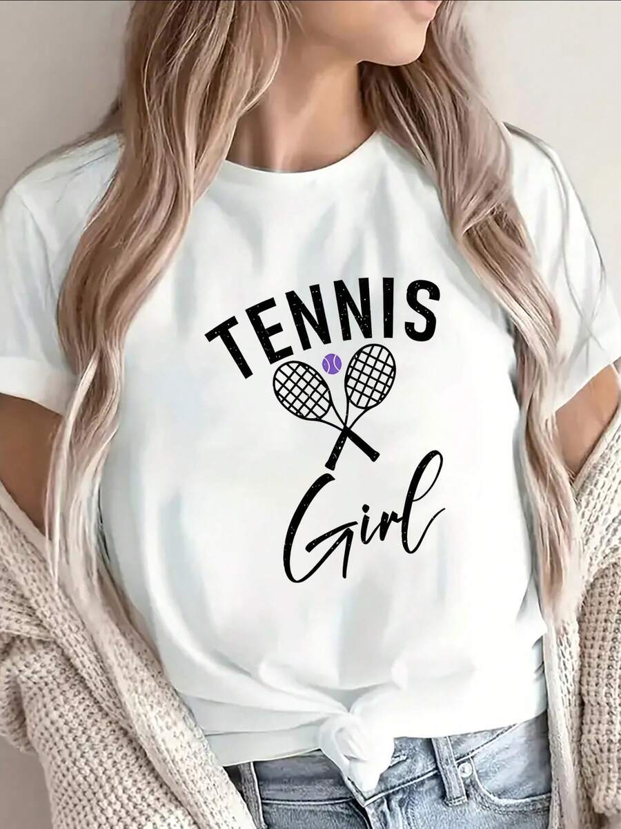 Women's Tennis T-Shirt, Casual Sporty Design With Crossed Rackets And Ball Graphic, Lightweight And Breathable, Perfect For The Gym, Practice Or Everyday Wear, Fabric Print, Short Sleeve Top - 白色 - 查看 1