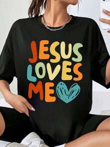 Camiseta con Gráfico de Corazón Colorido 'Jesus Loves Me' para Mujer, Estilo Casual Oversized - Negro - Ver 7