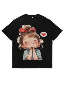 Simple And Versatile Design, Unisex T-Shirt With Cute Print, Short Sleeve, Round Neck, Casual Loose Fit, Fashionable Unisex Top, Comfortable, Breathable, Basic T-Shirt For Everyday Summer Wear, Urban Clothing, Cotton T-Shirt For Women. - 黑色 - 查看 2