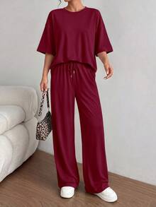 PRETTYGARDEN Women's Summer Clothes 2 Piece Sets Lounge For Short Sleeve Matching Airport Travel Outfits Casual Wine Red Vacation Summer Brunch Wine Red Outfits For Women Mothers Day Outfit - 酒紅色 - 查看 3