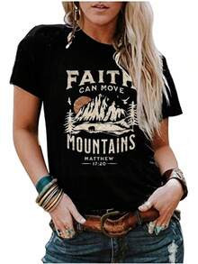 1Piece Fashion Casual For Men And Women Sun And Mountain Shirt For Women Camping Hiking Shirt Pine Tree Graphic Tee Nature Casual Short Sleeve Shirt Versatile, Easy To Match, Suitable For Daily Wear, Urban Style, Holiday Outfits, Weekend Outfits. - 黑色 - 查看 3