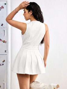 Vestido de mezclilla mini con plisados sin mangas y de estilo de moda para mujer, verano - Blanco - Ver 2