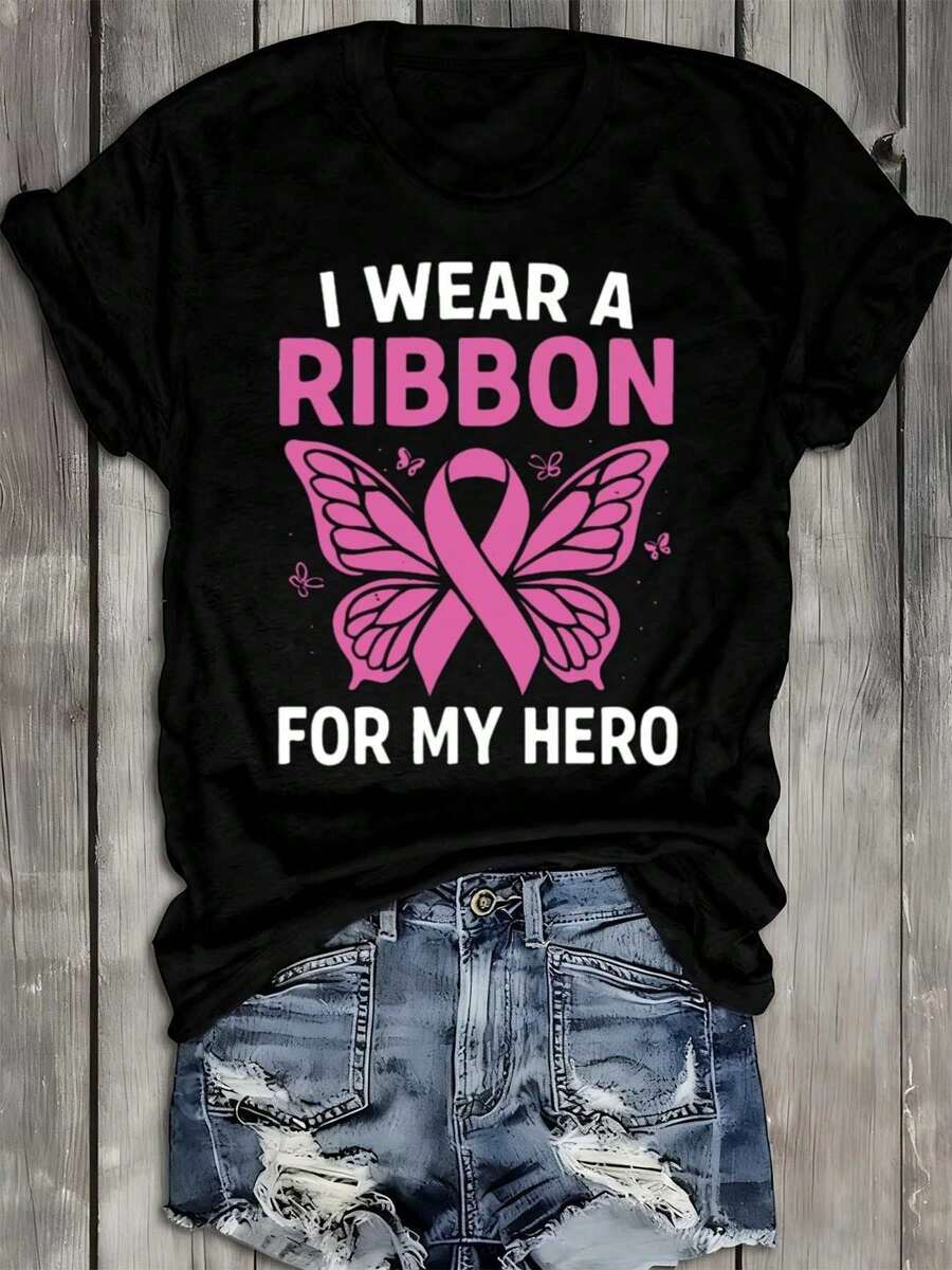 Women's Casual T-Shirt. Fun Women's T-Shirt With A Breast Cancer Awareness Ribbon, Stylish Short-Sleeved Black Print, Retro Summer Style, Comfortable Fit, Modern Print Design Suitable For All Seasons. A Must-Have For Everyday Casual Wear. - 黑色 - 查看 1