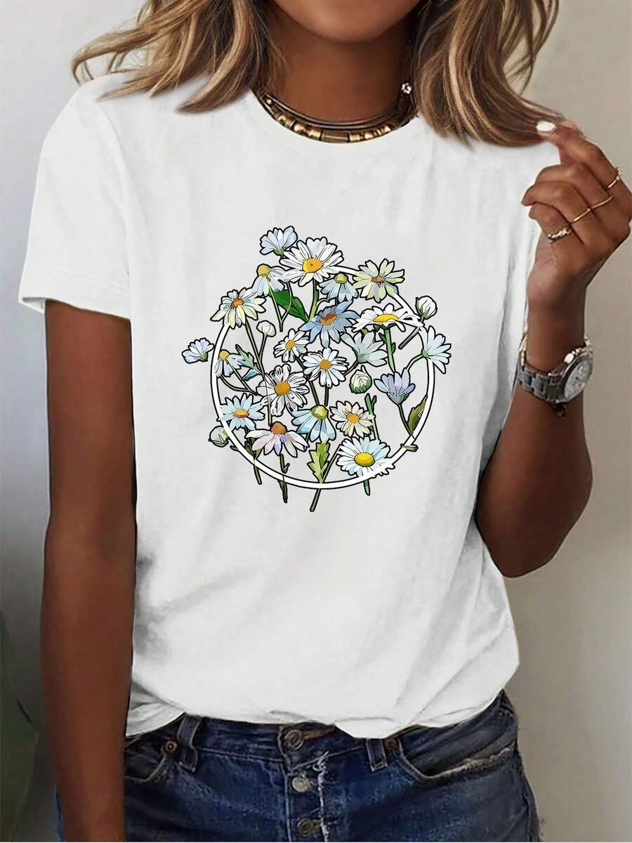 Women's Casual Top. Short-Sleeved T-Shirt With A Round Neck And Watercolor Daisy Print. A New Style For Summer. This Fun, Regular-Fit White Printed Casual Top Is A Must-Have For Everyday Casual Wear. - 白色 - 查看 1
