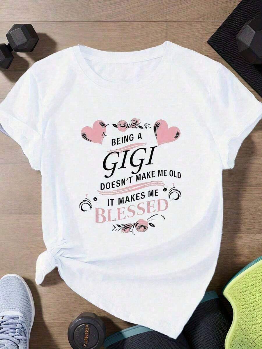 Women's Plus Size Mexican Graphic T-Shirt, 1 Piece, With 'Being A Gigi Makes Me Easter Earth Day' Print, Pink Hearts And Floral Print, Casual Short Sleeve T-Shirt, Machine Washable, Durable, For Spring, Summer And Autumn, Seasonal Fashion, 200GSM, Summer Fashion Cotton T-Shirt - 白色 - 查看 1