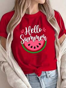 Women's Cotton Round Neck Casual Printed T-Shirts, Watermelon Print T-Shirt, Short Sleeve, Round Neck, Casual Style For Spring And Summer, Women's Clothing, 100% Cotton Simple T-Shirt For Everyday Wear - 紅色 - 查看 7