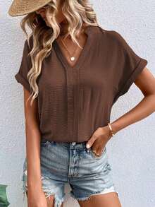 Blusa de mujer de unicolor y cuello en V minimalista de manga corta - Café integral - Ver 3