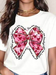 Women's Valentine's Day Heart Print Short Sleeve T-Shirt, Casual Graphic Crew Neck Tee, Inspirational Message "You Are Enough", Fashionable Summer Blouse, Unisex 100% Pure Cotton Vintage Street Style Crew Neck Short Sleeve T-Shirt. - 白色 - 查看 3