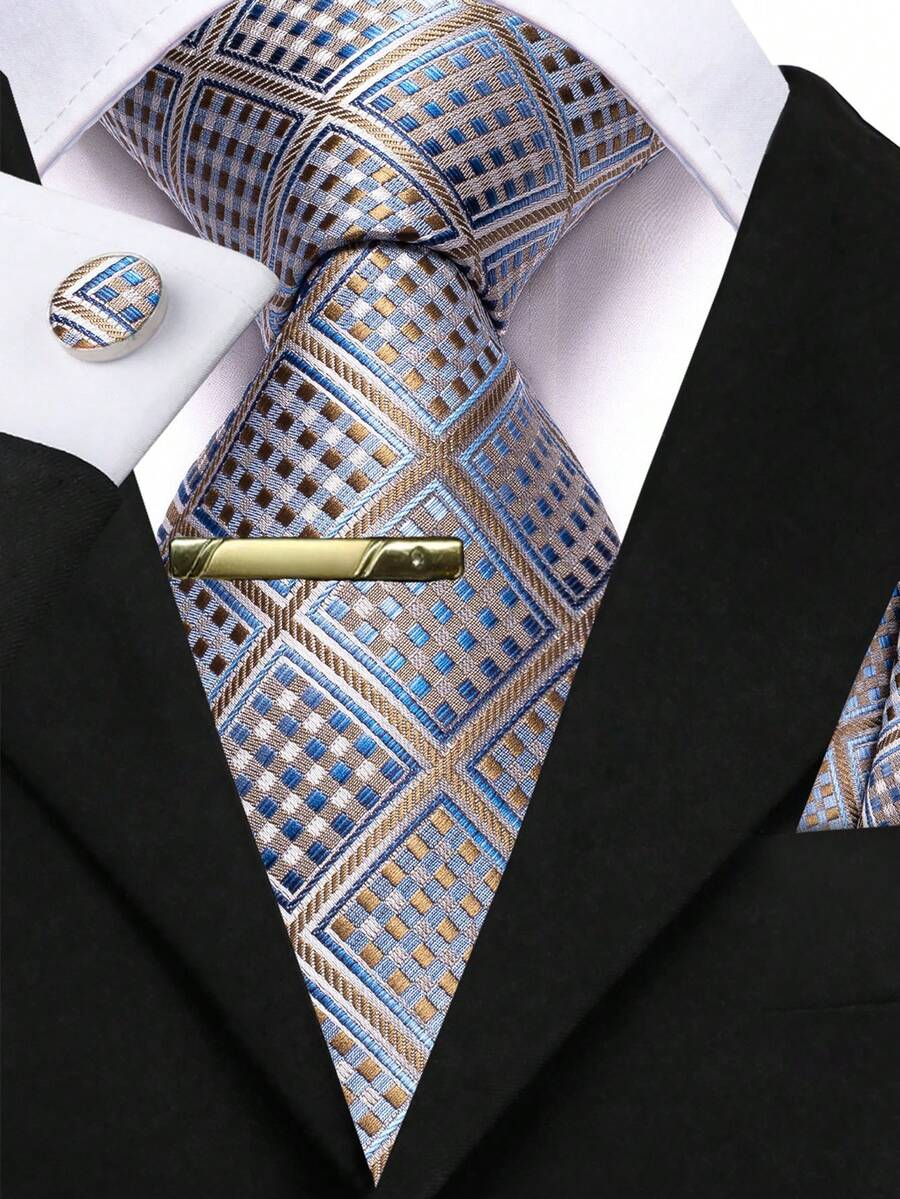 4件套男士银色格纹领带套装,包括口袋巾、随机袖扣和金色领带夹,节日正式领带 - 淺灰色 - 查看 1