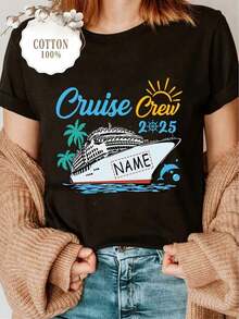 100% Cotton Summer T-Shirt For Women/Men [Personalized Product] Customization With A Carnival Boat Design And Your Desired Text, 100% Cotton T-Shirt, Personalized Name Design T-Shirt. Women's Simple Solid Color T-Shirt, Loose And Slim Fit Casual Short Sleeve - 黑色 - 查看 11