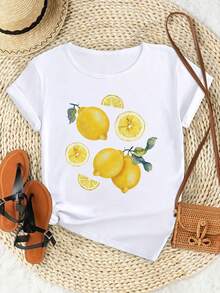 Stylish And Beautiful Plus-Size Women's Fashion Top With A Charming Lemon Print, Perfect For Parties. This Elegant Loose-Fitting Top Is Soft, Machine Washable, And Features A Stretchy Crew Neck And Short Sleeves. - trắng - Xem 1