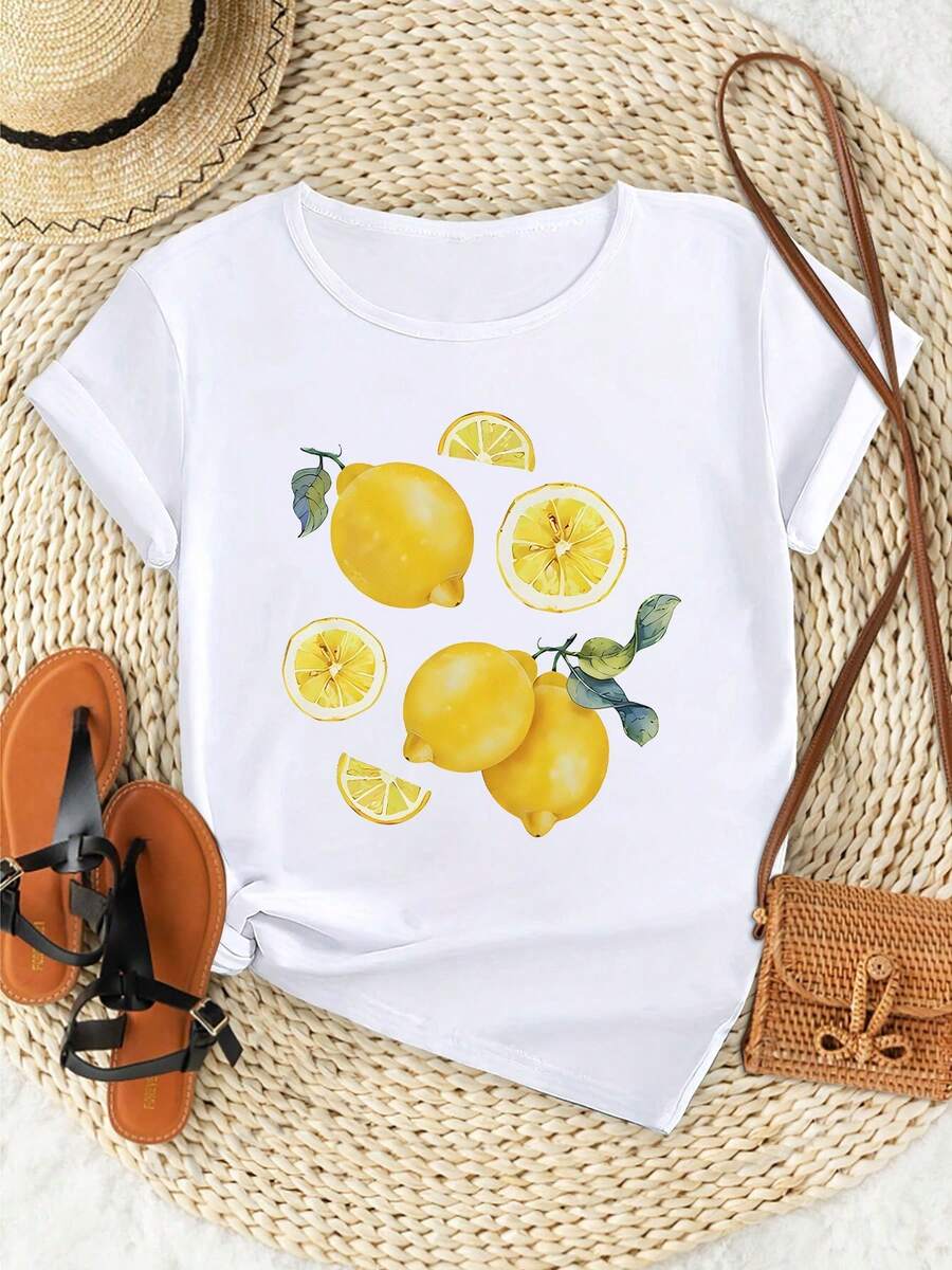 Stylish And Beautiful Plus-Size Women's Fashion Top With A Charming Lemon Print, Perfect For Parties. This Elegant Loose-Fitting Top Is Soft, Machine Washable, And Features A Stretchy Crew Neck And Short Sleeves. - trắng - Xem 1