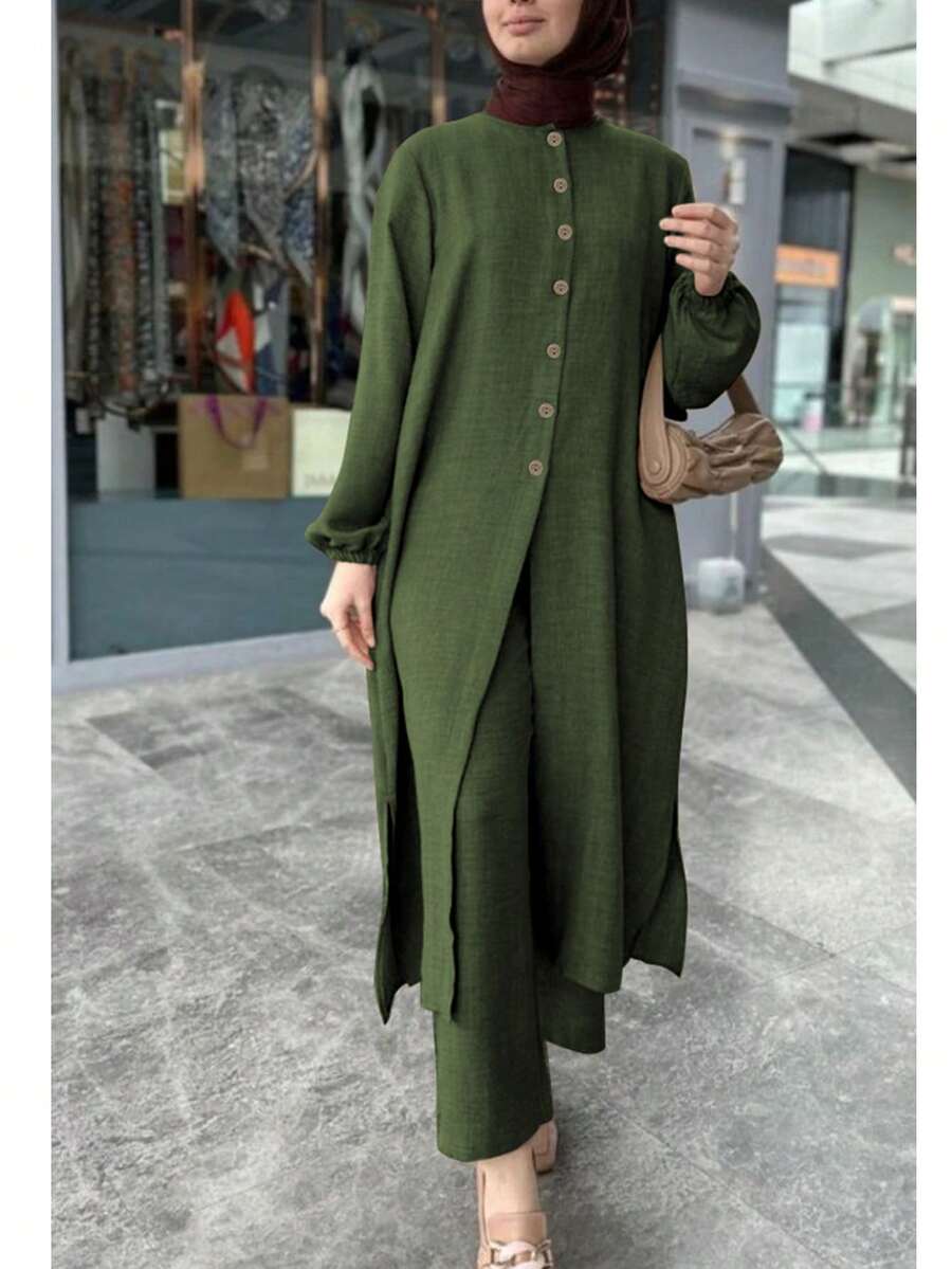 Set de 2 piezas, blusa larga con botones a juego con pantalones de pierna ancha, digno y elegante - Verde militar - Ver 1