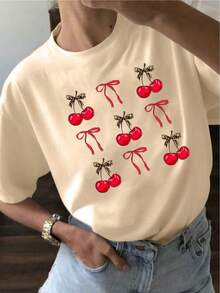 Camiseta Casual de Verano para Mujer YOCASA, con Cuello Redondo, Ajustada y de Manga Corta, con Estampado de Pintura al Óleo, Motivos Florales, de Corazones, de Cerezas y de Letras.Tela sencilla y casual, estilo deportivo, ideal para uso diario y citas de San Valentín.1 pieza, 180 g de peso, 95% poliéster, 5% spandex. - Albaricoque - Ver 1