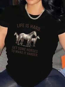 Women's Short Sleeve Crew Neck T-Shirt - Y2K Style With Horse And Equestrian Print, Soft And Breathable, Machine Washable, Ideal For Year Of The Horse And Chinese New Year - 黑色 - 查看 1