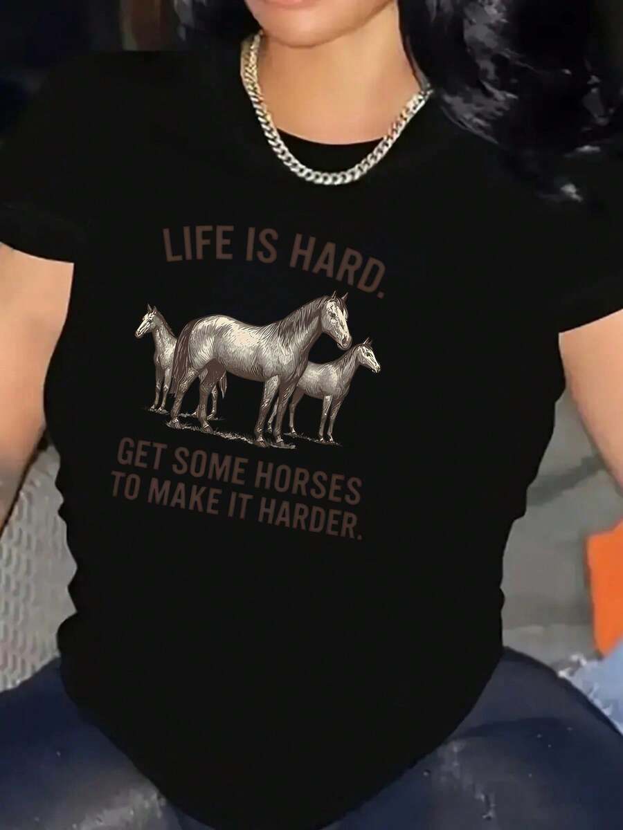 Women's Short Sleeve Crew Neck T-Shirt - Y2K Style With Horse And Equestrian Print, Soft And Breathable, Machine Washable, Ideal For Year Of The Horse And Chinese New Year - 黑色 - 查看 1