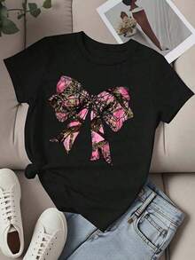 GiftCamia Women's Round Neck Top, Pink, Camouflage Print With Bow, Short Sleeve, Casual Style For Everyday Wear - Urban Vintage Style, Unisex, Loose Fit, Cotton, Short Sleeve, Round Neck.Soft - 黑色 - 查看 3