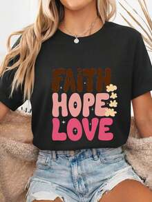 TrendyFaith Hope Love Breast Cancer Awareness T-Shirt With Pink Ribbon For Survivors And Warriors, 100% Cotton, Crew Neck, Retro Style, Groovy Aesthetic, With Inspirational Graphic, Supportive Gift For Women And Mothers - Everyday Wear. - 黑色 - 查看 6