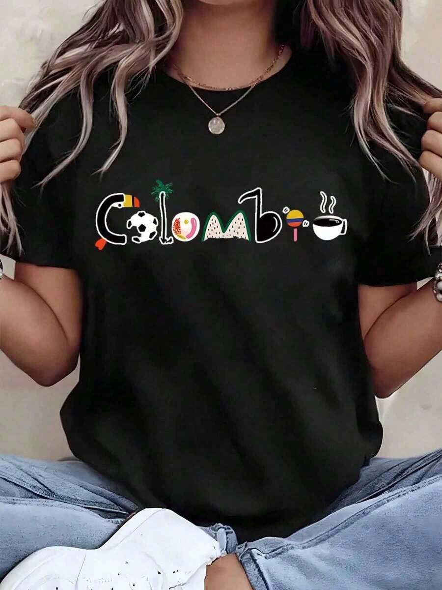 Women T Shirt Colombo Graphic Print Round Neck Short Sleeve Casual Summer Top Giftplayeras De Mujer - 黑色 - 查看 1