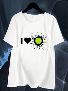I Love Tennis. Sporty Print T-Shirt. Short Sleeve, Round Neck, High-Elasticity Casual Sports Top. Available In The Machine. Spring And Summer. Women's Clothing. Elegant Party Outfit, T-Shirt For Elegant Ladies, Blouses Suitable For Curvy Women, Casual Wear, Cool And Sweat-Free Summer Clothing, Fun Letter Print. - 白色 - 查看 6