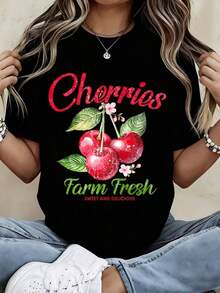 Cool Casual T-Shirt With Fresh Farm Cherry Print, Sweet And Delicious, Women's Graphic Tee, Summer Casual Top With Fruit Print, Loose Fit, Fashionable White T-Shirt - 黑色 - 查看 1