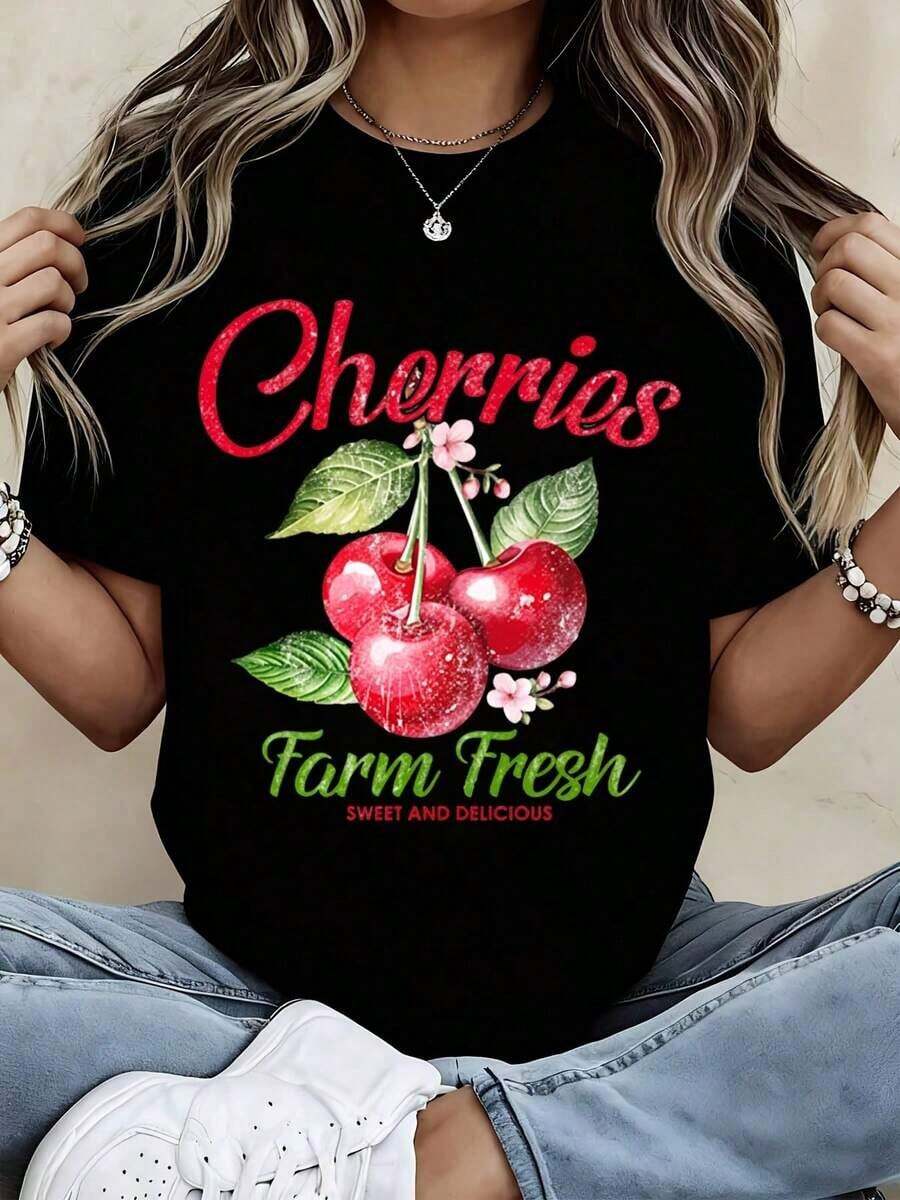 Cool Casual T-Shirt With Fresh Farm Cherry Print, Sweet And Delicious, Women's Graphic Tee, Summer Casual Top With Fruit Print, Loose Fit, Fashionable White T-Shirt - 黑色 - 查看 1