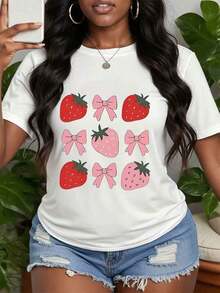 Cool Strawberry Print T-Shirt, Retro Strawberry Graphic T-Shirt, Vintage Fruit Illustration T-Shirt, Gift For Berry Lovers, Retro Style Clothing, Perfect Gifts For Grandma And Mom. - 白色 - 查看 1