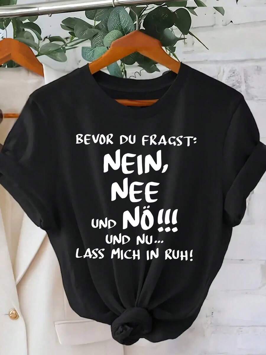 A Stylish, Casual, And Comfortable Short-Sleeved T-Shirt With A Round Neck And Letter Print For Women, Perfect For Everyday Wear. It Combines Modern Prints With A Comfortable Round Neck, Making It The Perfect Choice For Your Summer. - 黑色 - 查看 1