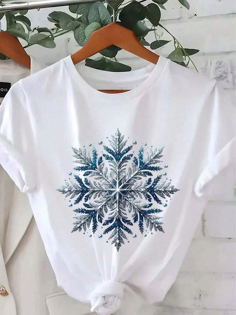 Camiseta suave y brillante con estampado de copos de nieve, manga corta, cuello redondo, estilo casual, adecuada para primavera y verano, ropa de mujer, camiseta de mujer, ropa de temporada, camiseta de uso diario, diseño brillante, patrón geométrico, tela elástica, lavable a máquina, manga corta, camisetas de mujer, camiseta gráfica, camisetas gráficas para mujer, camiseta de verano, camiseta casual, camisetas de verano, tops, conjuntos de verano para mujer, camiseta casual cómoda de manga corta con cuello redondo, camisetas de mujer, camiseta gráfica, camisetas gráficas para mujer, tops, camiseta de verano, camiseta casual, camisetas de verano, tops, conjuntos de verano para mujer, camiseta casual cómoda de manga corta con cuello redondo, blusas elegantes para dama. - Blanco - Ver 1