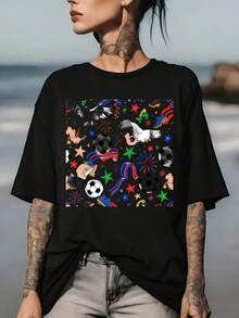 180g Summer Festive Graphic T-Shirt For Men And Women - Patriotic Eagle And Soccer Design - Perfect For Family And Business Gatherings On The 4th Of July - Unique Gift Idea For Independence Day Celebrations - 黑色 - 查看 1
