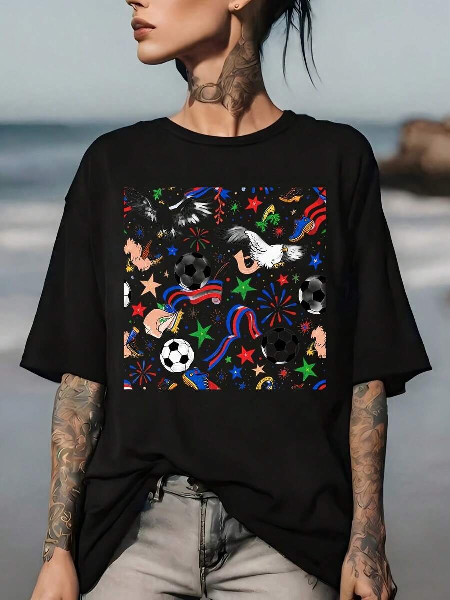 180g Summer Festive Graphic T-Shirt For Men And Women - Patriotic Eagle And Soccer Design - Perfect For Family And Business Gatherings On The 4th Of July - Unique Gift Idea For Independence Day Celebrations - 黑色 - 查看 1