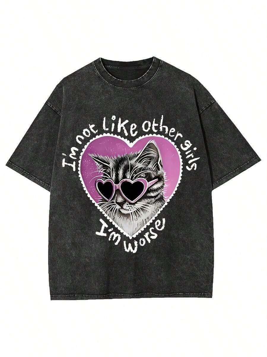Women's & Men's Printed Short Sleeve T-Shirt For Women And Men, New Style, Washed, Distressed, Retro, Fashionable, Versatile, Loose Fit, Round Neck, Black Design. - Black - View 1
