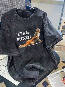 Camiseta de mujer talla grande con estampado divertido de gato, diseño único y adorable, humorístico y llamativo, estilo callejero, de algodón lavado, cuello redondo, manga corta, para uso diario de mujer talla grande, tela de copos de nieve, camiseta vintage desgastada, ropa de mujer talla grande, casual para primavera/verano - Negro - Ver 4