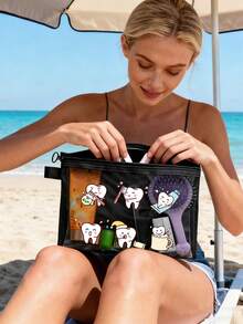 Summer Beach Mesh Bag Printed With Three Cute Teeth (Teeth Brushing Their Teeth), Multi-Functional Travel Toiletry Bag, Daily Skincare Bag, Cosmetic Storage Bag, Vacation Swimwear Storage, Dormitory Supplies. Suitable For Holidays, Bathrooms, School, Bedrooms, Hotels, Parties. Suitable Birthday Gift, Travel Souvenir, Graduation Gift, Teacher's Day Gift, Back-To-School Gift - Multicolor - View 10