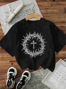 Religious Symbolic Meaning, Crown Made Of Thorny Branches And Christian Cross Print, Pure Cotton Round Neck T-Shirt, Basic Short Sleeve Design, Simple Design, Suitable For Casual Sports, Versatile Item For Everyday Wear 15463. - 黑色 - 查看 6