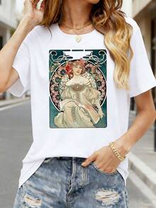 | Exquisite Design | Loose And Comfortable | Easy To Match | Women's Floral Print T-Shirt, Pure Cotton Summer T-Shirt With Round Neck, Casual Short Sleeve Top, Unique Design For Daily Wear, Loose Fit, Breathable And Soft, Vacation Clothes. - 白色 - 查看 1