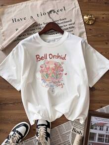 Bell Orchid Flower T-Shirt With Text, Fashionable Short-Sleeve T-Shirt For Spring/Summer 2026, Made In Mexico, 180 Grams. Cartoon Print, Couple Design, Suitable For Indoor Or Outdoor Wear. Crew Neck, Unisex, Ideal For Office And Leisure. One-Pack. - WH-P631577SLNDXZGY619 - 查看 4