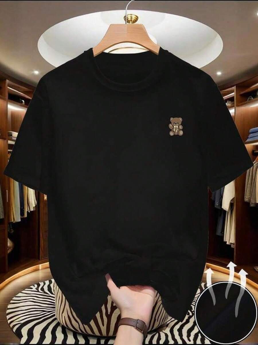 Camiseta negra informal de manga corta con cuello redondo para hombre,Camisetas Para Mujer Camiseta exclusiva de algodón diseño oso moderno cómoda versátil suave alternativa estilos de vida casual fresco estampado divertido ideal para jóvenes tamaño M negro moda urbana  actuales - Negro - Ver 1