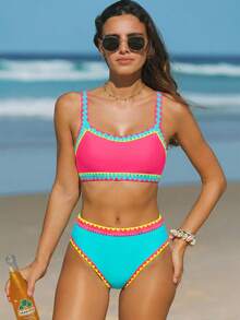 popvil Women's Summer Beach Colorblock Sexy Bikini And Triangle Bottom Two-Piece Swimsuit Set - Red - View 4