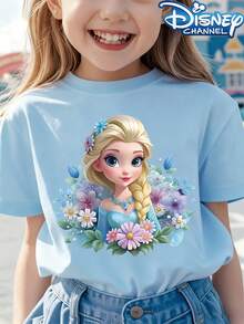 [Authorized] Frozen Princess Elsa Print Disney Girls' Summer Round Neck Casual T-Shirt For Children, Slightly Stretchy Fabric, Suitable For Birthday Gifts, Suitable For Daily Sports And Travel, Summer Girls' T-Shirts - Màu xanh nhạt - Xem 1