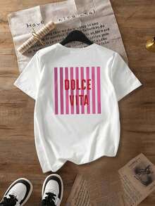 Short-Sleeved T-Shirt With Round Neck, Striped And Lettered, Versatile And Casual, Unisex Summer, Suitable For Casual Daily Outings, Short-Sleeved Summer Top, Retro Y2K Print T-Shirt. - White - View 4