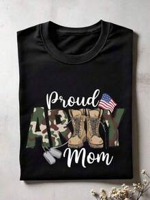 Cotton Graphic T-Shirt, Plus Sizes, Proud Military Mom T-Shirt, Soldier Mom T-Shirt, Military Mom Gift T-Shirt, Military Graduation T-Shirt For Mom CG-228, Y2K, Men's Oversized T-Shirt, Summer T-Shirts, Women's Casual Printed T-Shirt, Short Sleeve And Round Neck, Local Urban Fashion Spring/Summer. - 黑色 - 查看 6