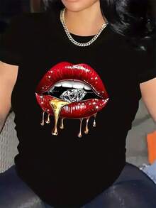 T-shirt Y2K con diseño de labios rojos brillantes y diamante goteando miel perfecta para destacar tu estilo único y moderno en cualquier ocasión ideal para los amantes de la moda y  de México incluye comodidad y estilo en una sola prenda Cómoda y versátil para escuela, trabajo, salidas y eventos casuales - Negro - Ver 1