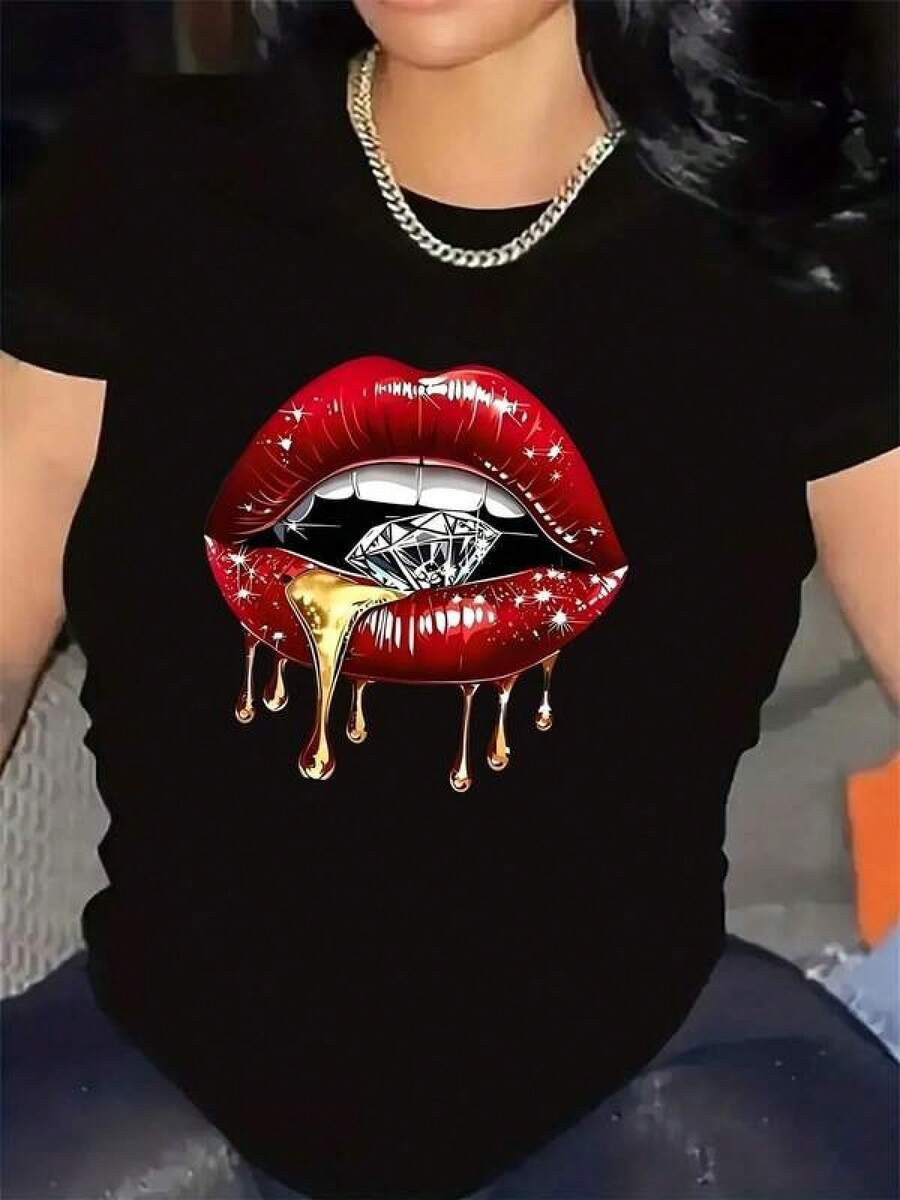 T-shirt Y2K con diseño de labios rojos brillantes y diamante goteando miel perfecta para destacar tu estilo único y moderno en cualquier ocasión ideal para los amantes de la moda y  de México incluye comodidad y estilo en una sola prenda Cómoda y versátil para escuela, trabajo, salidas y eventos casuales - Negro - Ver 1
